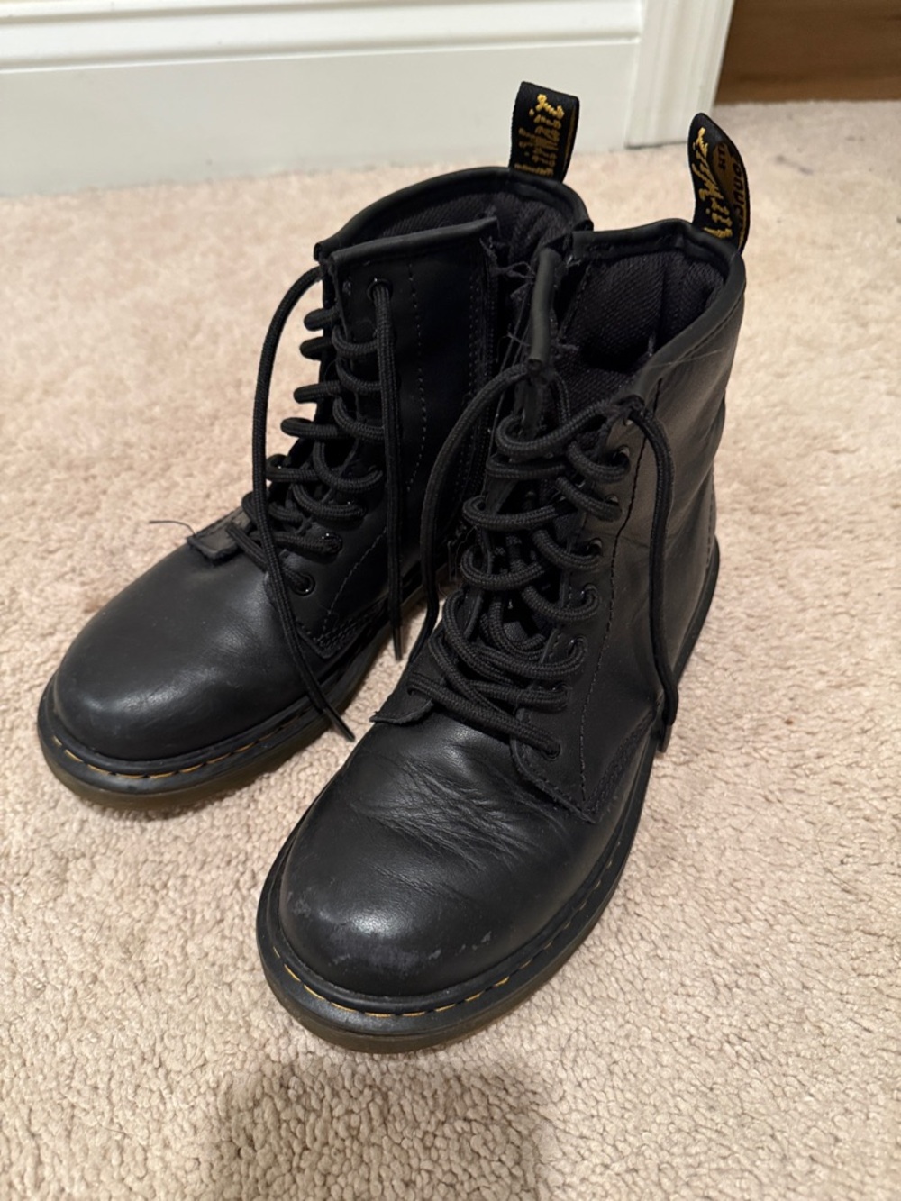 Dr. Martens Black Leather Lace-Up Ankle Boots with Yellow Stitching